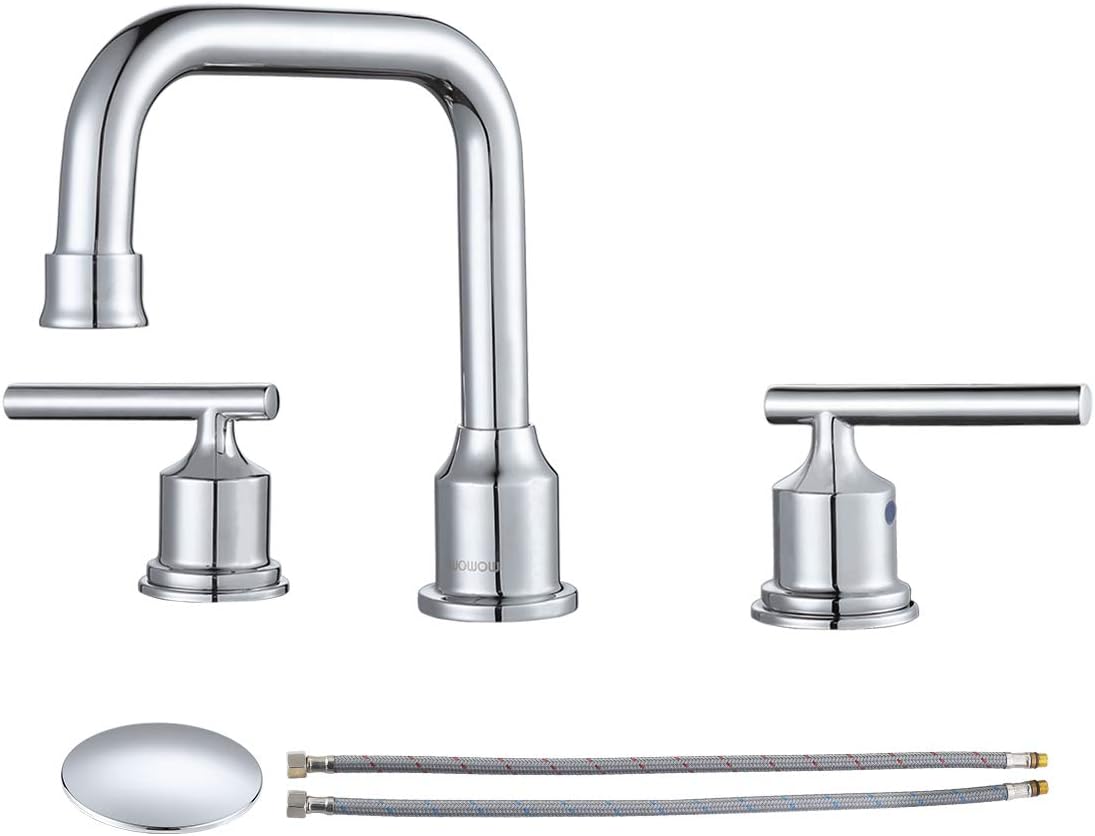 WOWOW Widespread Bathroom Faucet Chrome 8 inch Bathroom Sink Faucet Adjustable 3 Pieces Basin Faucets 360° Swivel Spout Modern Lavatory Faucet Vanity Faucets Water Supply Lines Quick Install Pipe
