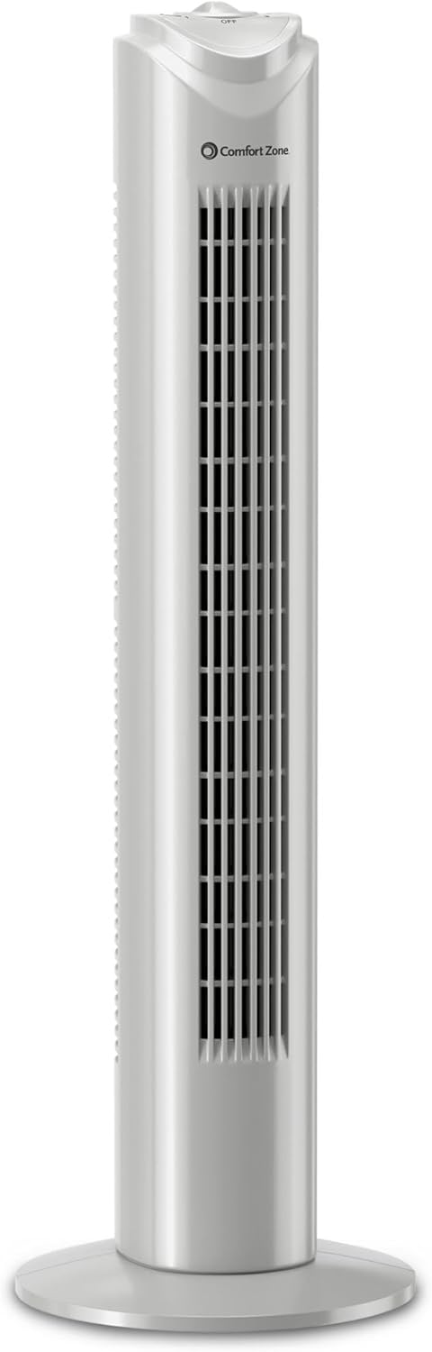 Comfort Zone Tower Fan for Bedroom, 32 inch, 3 Speeds, 90 Oscillation, Bladeless Indoor Fan, Built in Carry Handle, Portable Stand Fan, Gray