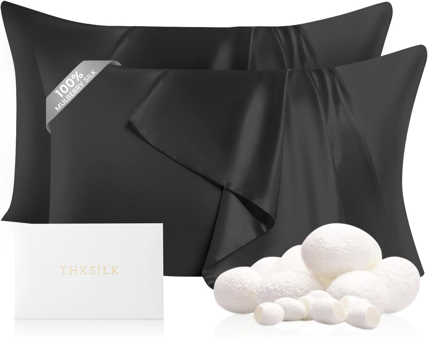 THXSILK Set of 2 Mulberry Silk Pillowcases - 100% Pure Mulberry Silk - 22 Momme 6A High-Grade Fibers - Pillowcases for Hair and Skin - King Size Silk Pillow Case with Hidden Zipper - Black