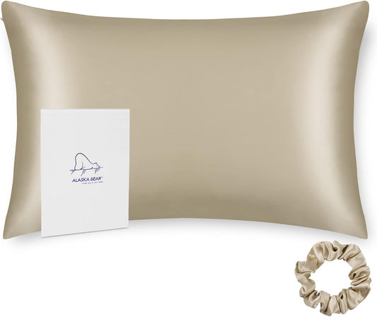 ALASKA BEAR King Size Silk Pillowcase Random Color Silk Scrunchie Gift Set for Beauty Sleep (1, Beige)