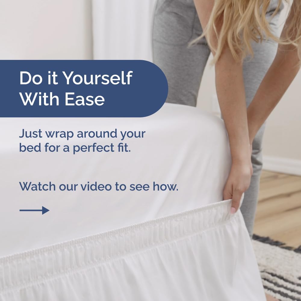 Wrap Around Dust Ruffle Bed Skirt - White - for King Size Beds with 24 Inch Drop - Easy Fit Elastic Strap - Adjustable Pleated Bedskirt w/Brushed Fabric - Wrinkle Free - for Women, Men, Kids & Teens