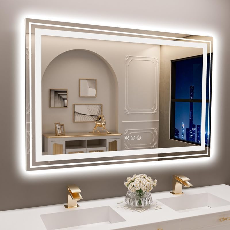 LED Bathroom Mirror, 40"X28" with Front and Backlit, Anti-Fog, Bathroom Vanity Mirror for Wall, Memory Function, Stepless Dimmable, Tempered Glass (Horizontal/Vertical)
