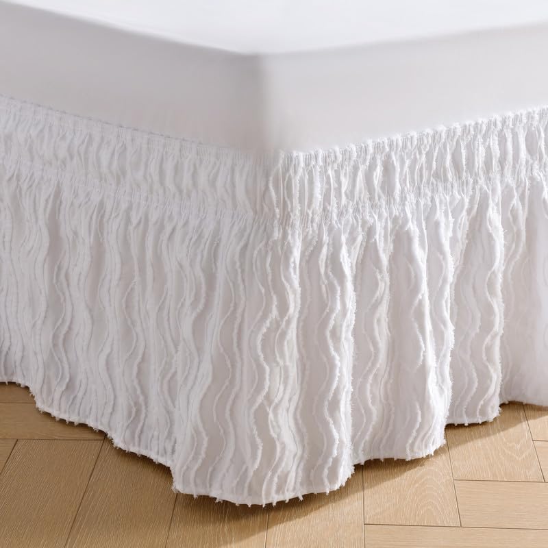 MIYE Wavy Tufted Bed Skirt - Wrap Around Dust Ruffle with Elastic Belts - 15 Inch Drop Easy to Put On - Bedskirt Machine Washable ＆ Wrinkle Resistant(Wavy/White, King/Queen-15 Drop)