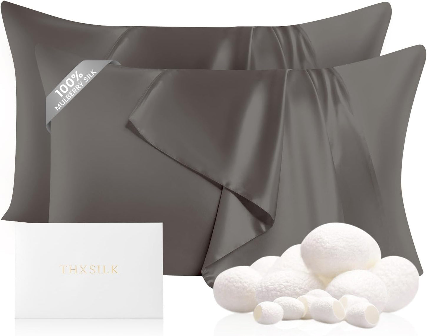 THXSILK Set of 2 100% Mulberry Silk Pillowcases for Hair and Skin, Both Sides 22 Momme Pure Natural Silk Pillowcases, Soft Breathable Zipper Pillow Cases Queen Size 20"x30", Dark Grey