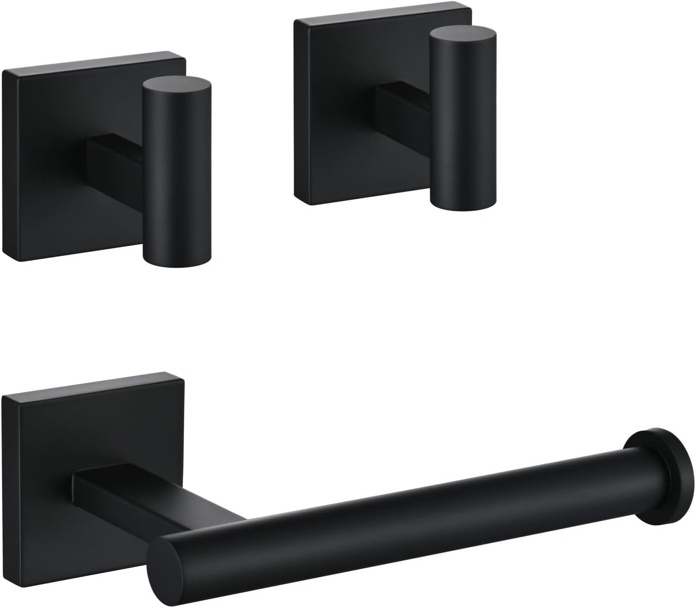Matte Bathroom Hardware Set, Toilet Paper Holder with 2 Square Towel Hooks, 3PCS SUS 304 Stainless Steel Set, Wall Mounted, Rust Resistant, Modern Fingerprint-Free Finish (Black)
