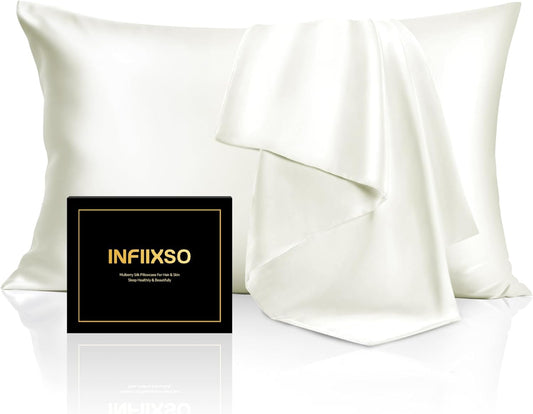INFIIXSO Mulberry Silk Pillowcase for Hair and Skin, Silk Pillow Cases Standard Size with Hidden Zipper 20x26 Inches, Ultra Smooth and Soft Cooling Pillow Cases for Hot Sleepers(Cream, 1 Pack)