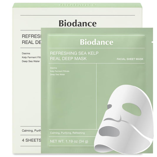 BIODANCE Refreshing Sea kelp Real Deep Mask, Overnight Hydrogel Mask, Calming, Oil & Sebum Control, Blemish Care, Korean Skincare, Stocking Stuffers for Teen Girls | 1.19oz(34g) x 4ea