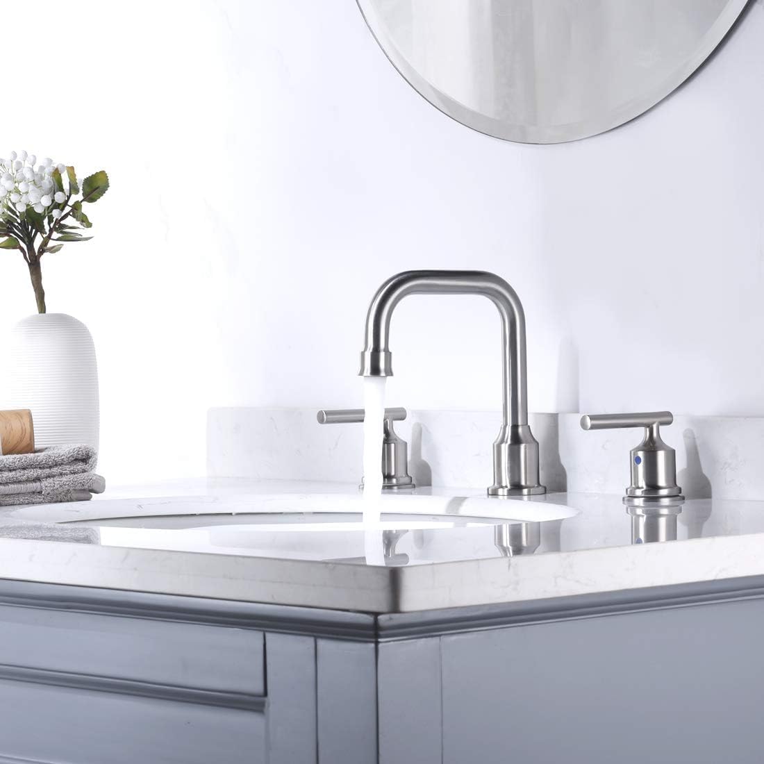 WOWOW Brushed Nickel Bathroom Faucet: Widespread Bathroom Sink Faucet Set 3 Hole with Pop-up Drain and Supply Lines, 8 Inch Vanity Faucet 3 Pieces Basin Tap 2 Handle Modern (2 Pack)