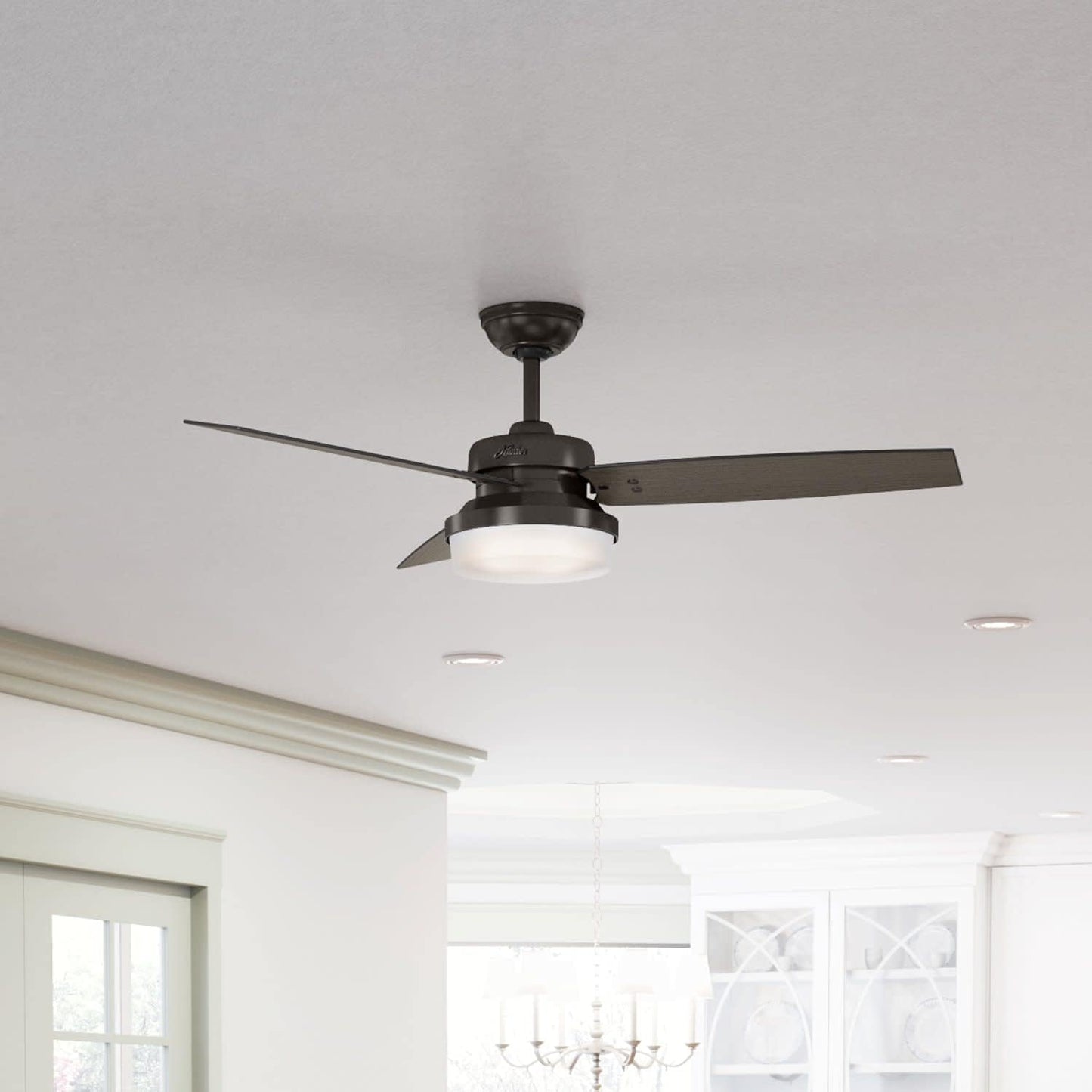 Hunter 52 inch Indoor Ceiling Fan with LED Light and Remote Control - Standard Mount White Ceiling Fan, 3 Blades, For Bedroom, Living Room, or Kitchen - Sentinel 59169, Fresh White