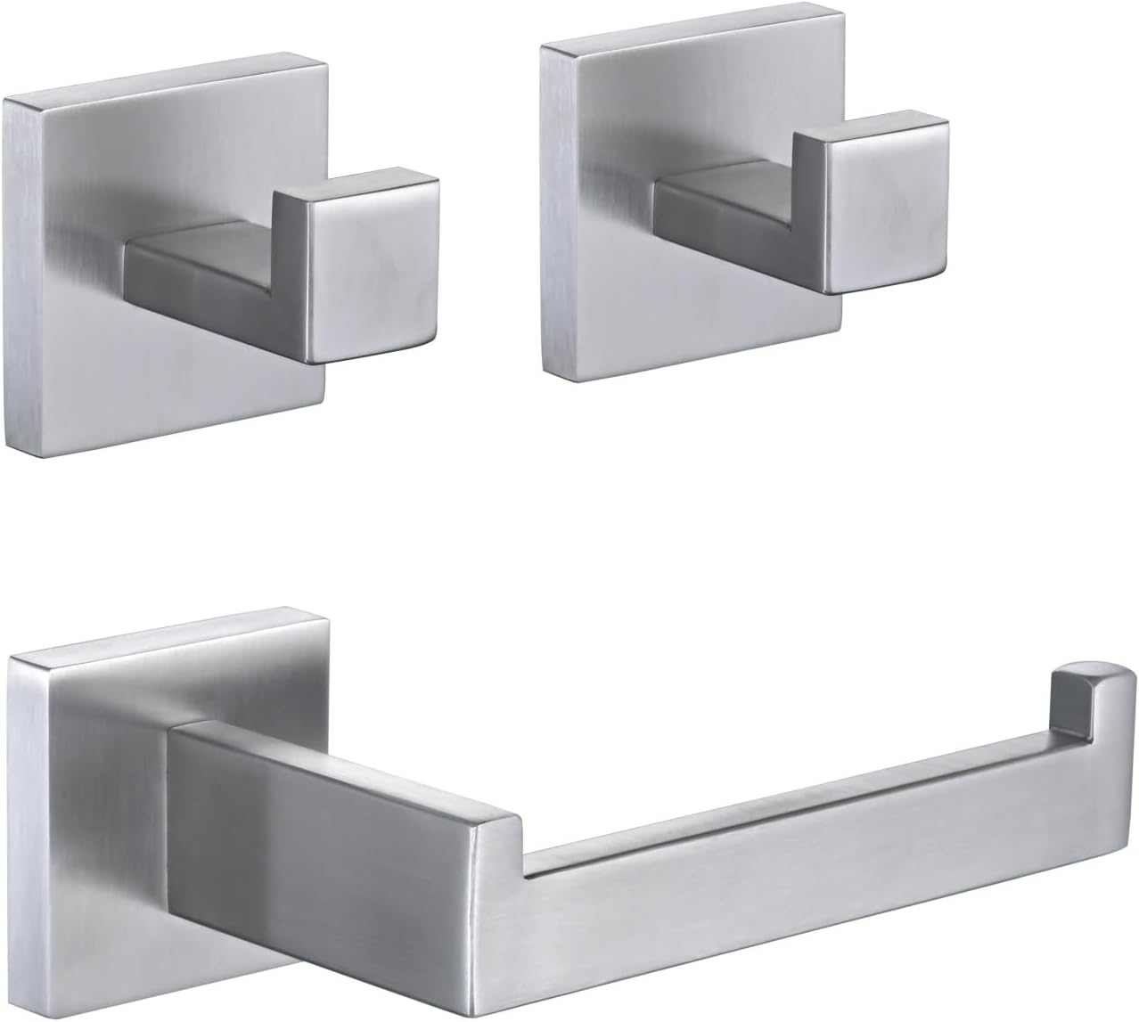3PCS Bathroom Hardware Set, Brushed Nickel Toilet Paper Holder, 2 Square Towel Robe Hooks, SUS 304 Stainless Steel, Wall Mounted, Modern, Rust‑Resistant (Silvery)