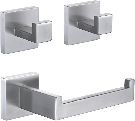 3PCS Bathroom Hardware Set, Brushed Nickel Toilet Paper Holder, 2 Square Towel Robe Hooks, SUS 304 Stainless Steel, Wall Mounted, Modern, Rust‑Resistant (Silvery)