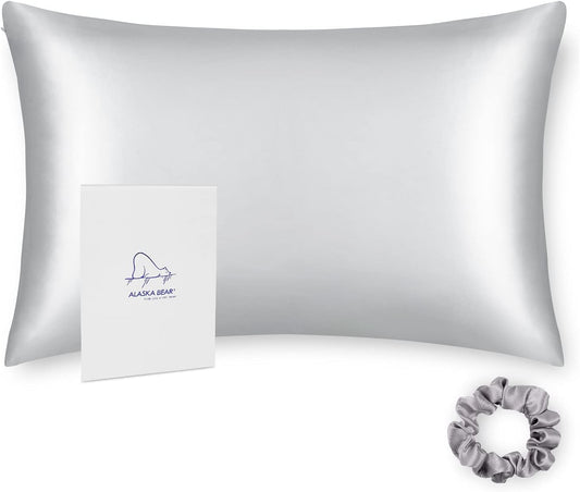 ALASKA BEAR 100% Pure Mulberry Silk Pillowcase for Curly Hair Women Mother Her Grandma Pillow Slip Machine Washable Standard (1pc, Silver)
