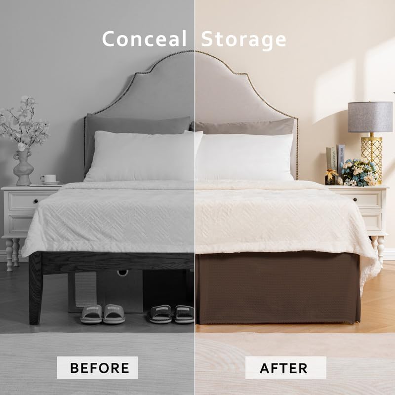MIYE Pleated Waffle Weave Bed Skirt, Tailored Dust Ruffle 16 Inch Drop Easy Fit, Machine Washable (Brown, King - 16" Drop)