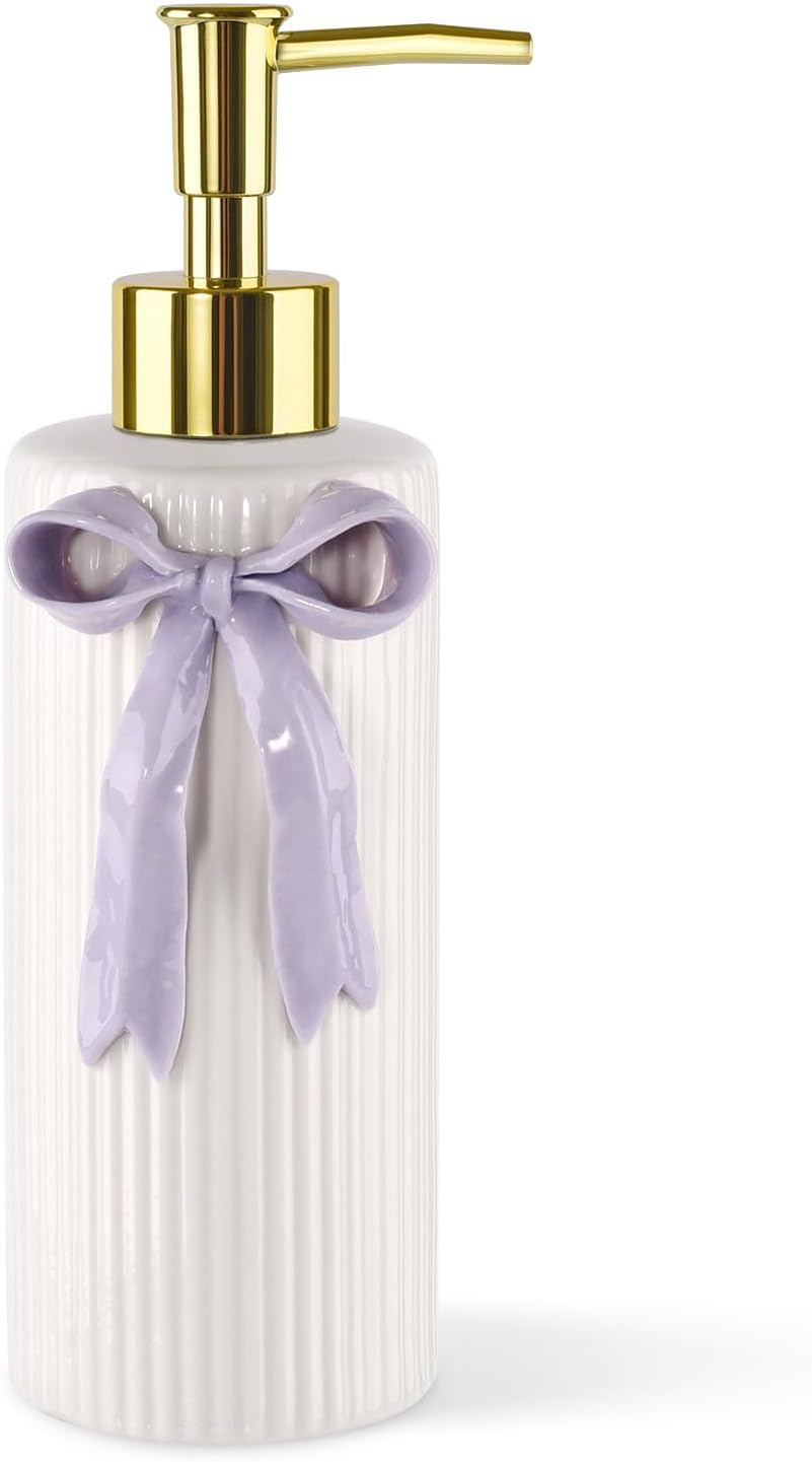 Handmade Ceramic Bow Soap Pump Dispenser Hand Lotion Liquid Dispenser Refillable for Kitchen and Bathroom Decorative (Ribbon Lavender)