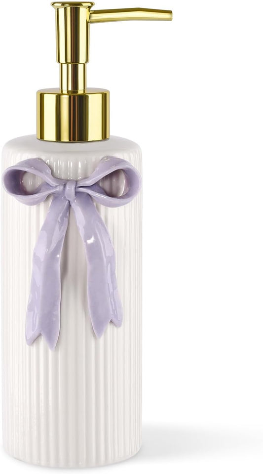 Handmade Ceramic Bow Soap Pump Dispenser Hand Lotion Liquid Dispenser Refillable for Kitchen and Bathroom Decorative (Ribbon Lavender)