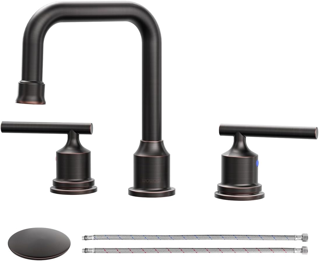 WOWOW Oil Rubbed Bronze Bathroom Faucet Widespread Bathroom Sink Faucet 3 Holes Vanity Faucet 2 Handle Basin Tap with Drain and Suplly Lines Retro