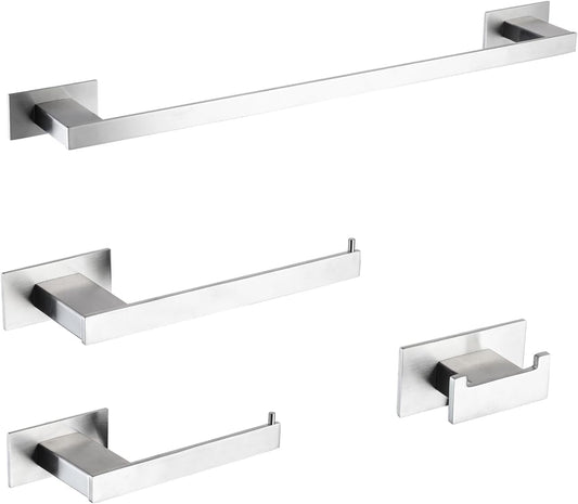 4-Pieces Bathroom Hardware Accessories Set, Towel Rack Towel Bar Toilet Paper Holder Towel Hook Self Adhesive Stainless Steel Towel Rack Set for Bathroom Wall Mounted, Brushed Nickel, 23 Inch