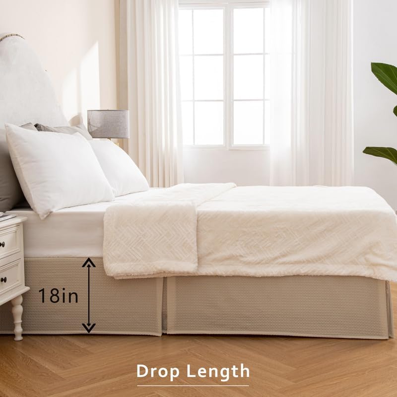 MIYE Pleated Waffle Weave Bed Skirt, Tailored Dust Ruffle 18 Inch Drop Easy Fit, Machine Washable,No Split Corners (Beige, TwinXL - 18" Drop)