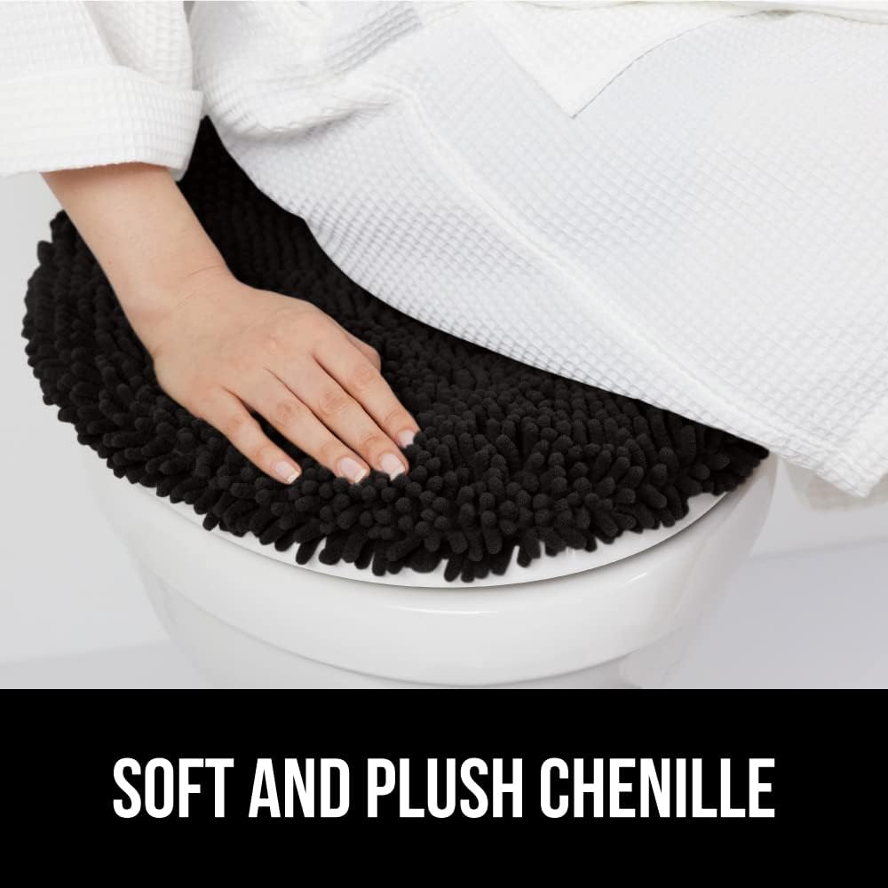 GORILLA GRIP Soft Chenille Bathroom Toilet Lid Cover, Machine Washable Seat Covers, 19.5x18.5, Stays in Place Rubber Backing, Fits Most Round, Elongated and Oblong Lids, Accessories Decor, Black