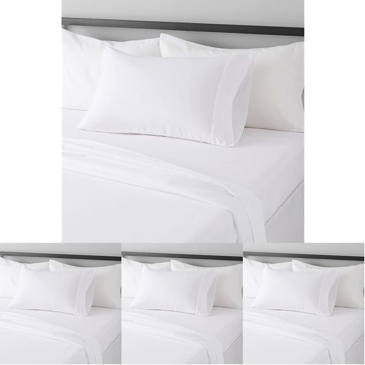 Amazon Basics Lightweight Super Soft Easy Care Wrinkle Free Microfiber 3 Piece Bed Sheet Set with 14-Inch Deep Pockets, Twin, Bright White, Solid, Kids, Men & Women Bedding (Pack of 4)