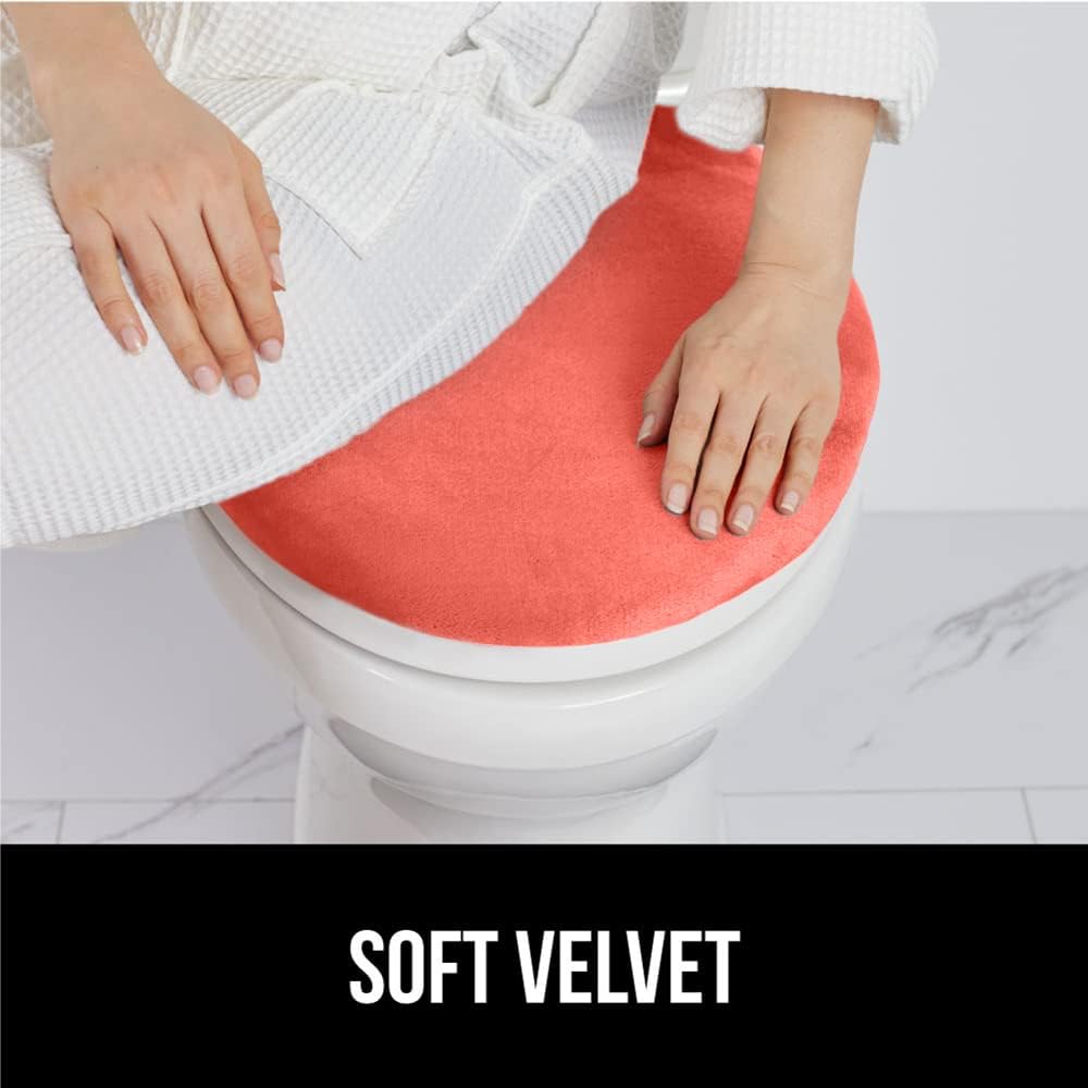 GORILLA GRIP Thick Memory Foam Bathroom Toilet Lid Seat Cover, Soft Velvet Topside, Machine Wash, Plush Cushioned Covers Fits Most Size Lids, Decorative Bath Room Accessories, 19.5x18.5, Coral