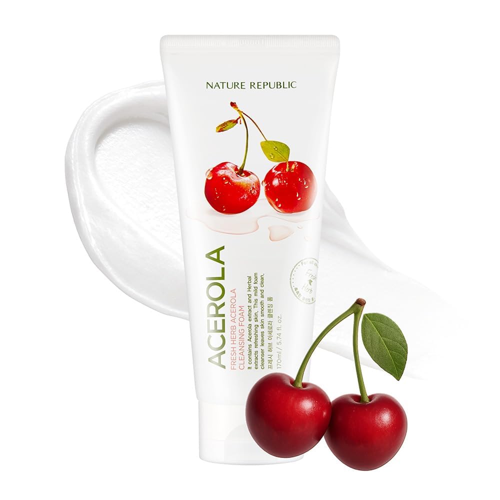 Nature Republic Fresh Herb Acerola cleansing foam Hydration & Moisturizing daily Makeup Remover, Nighttime Foaming Pore Cleansing aloe face wash,Korean Skin Care for All Skin Types 170ml / 5.74 fl Oz