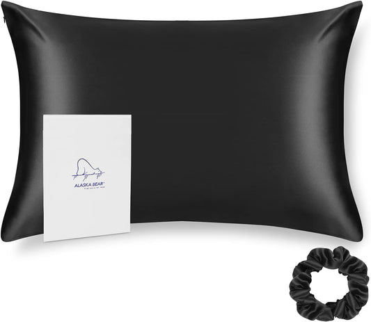 ALASKA BEAR Silk Pillowcase for Hair and Skin Beauty Sleep 100 Real Mulberry Silk Anti-Aging Pillow Slip Case Cover Standard Size with Zipper (1pc, Black)