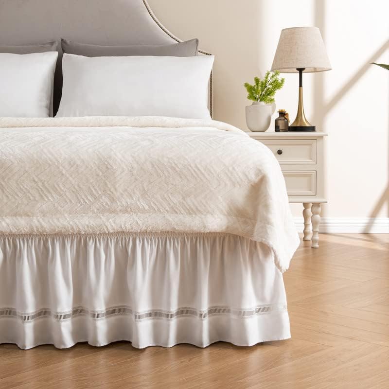 MIYE Wrap Around Ruffled Lace Bed Skirt, Elastic Dust Ruffle with Adjustable Belts, Easy to Put On, Bed Frame Cover, Machine Washable (Ruffled Lace/White, King/Queen-18 Drop)
