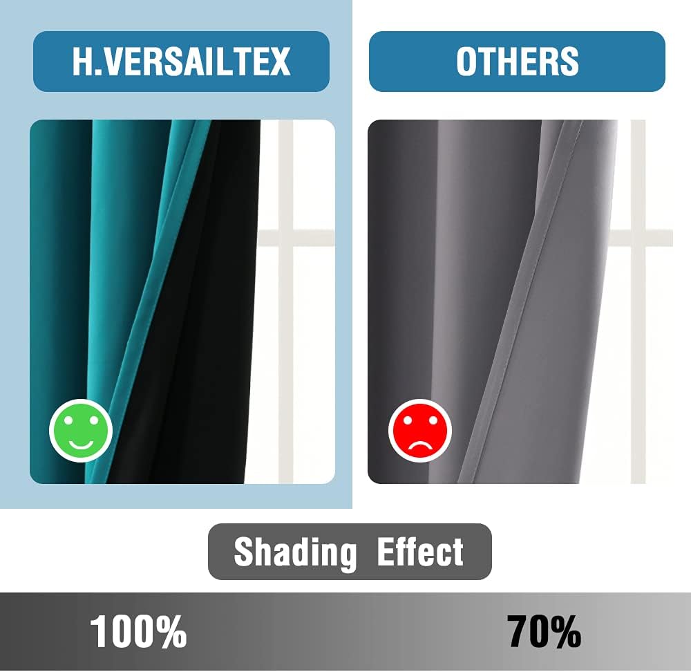 H.VERSAILTEX 100% Blackout Curtains for Bedroom Thermal Insulated Blackout Curtains 108 Inches Long Rod Pocket/Clip Rings Curtains for Living Room with Black Liner 2 Panels, Turquoise Blue
