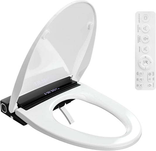 Electric Toilet Seat, Elongated Smart Heated Toilet Seat with Warm Water & Dryer, Feminine & Child Hip Wash, Wireless Remote, Self-Clean, Stainless Steel Nozzle, Adjustable Water Pressure