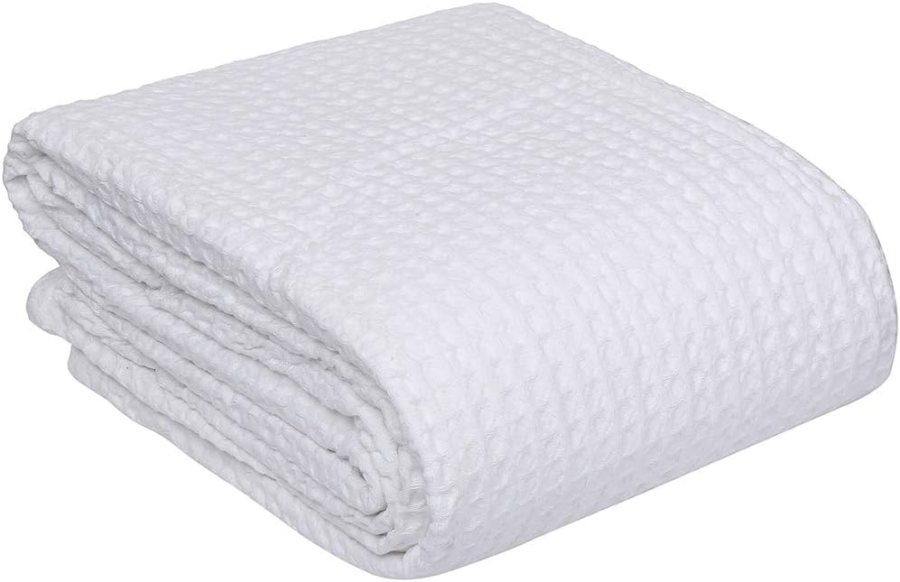 HILLFAIR 100% Combed Cotton Blanket– Queen Size Bed Blanket– Warm Soft All Season Breathable Lightweight Summer Blankets– Waffle Weave Home Decor Bed Blanket- White Queen Bed Cotton Blankets/Bedcover