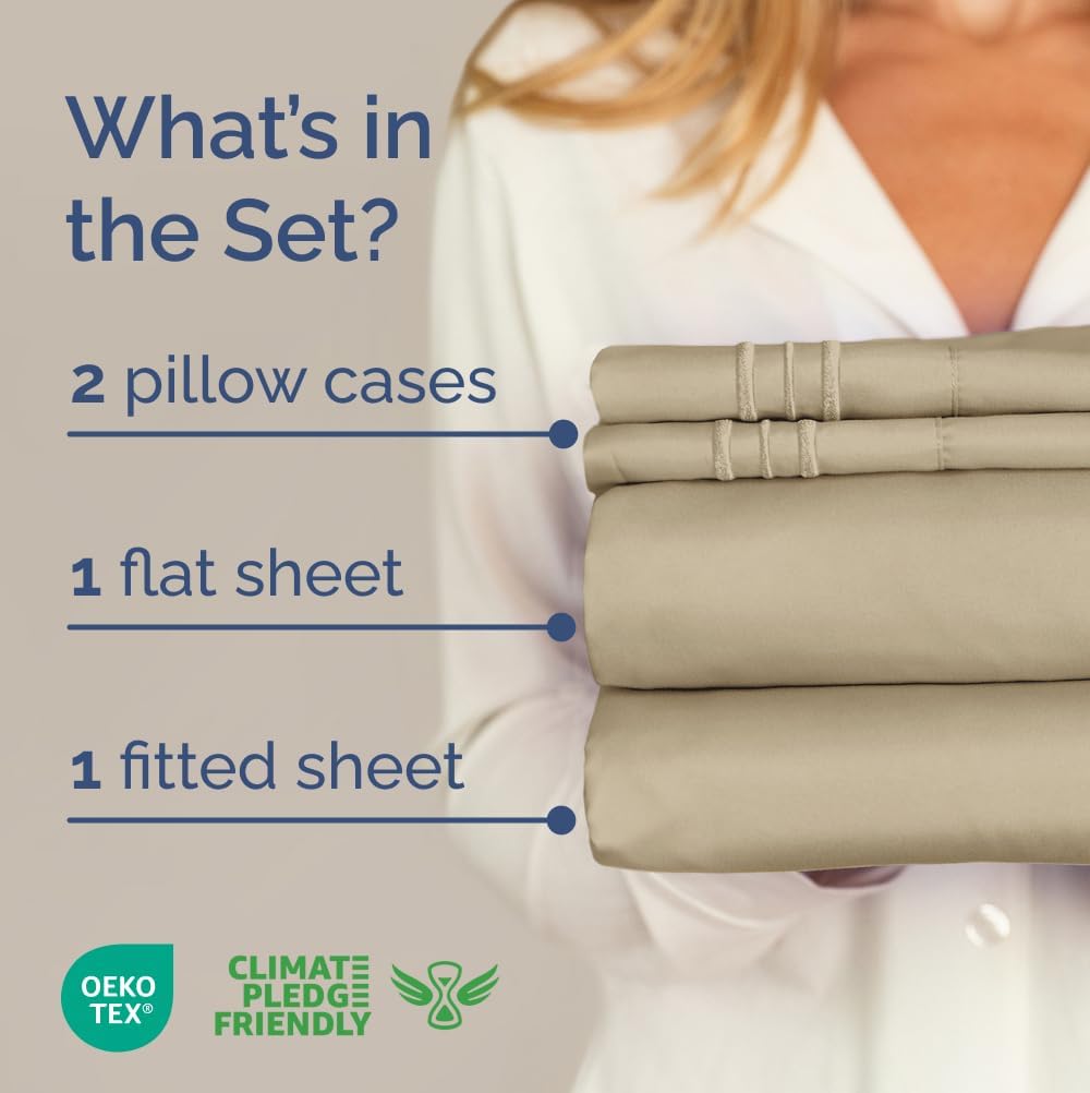 Full Size 4 Piece Sheet Set - Comfy Breathable & Cooling Bed Sheets Set - Hotel Luxury Bedding for Women, Men, Kids, Teens, Boys & Girls - Deep Pockets, Ultra-Soft and Wrinkle Free - Oeko-Tex - Beige