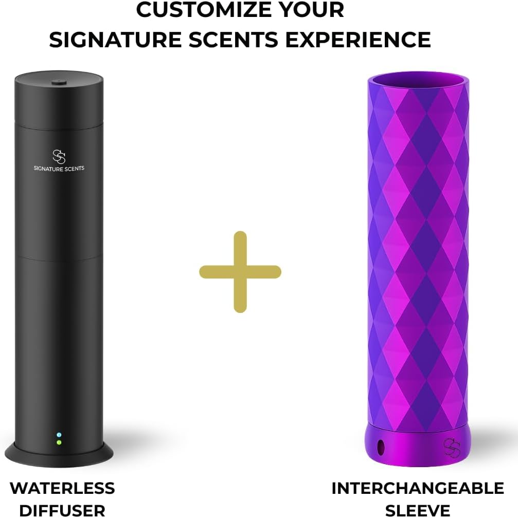 Waterless Essential Oil Hotel Scent Diffuser - Cold Air Diffuser - Covers 1000 sq. ft. - Waterless Diffuser for Home, Office & Hotel (Black + Interchangeable Sleeve) (Black + Purple/Pink/Blue Sleeve)