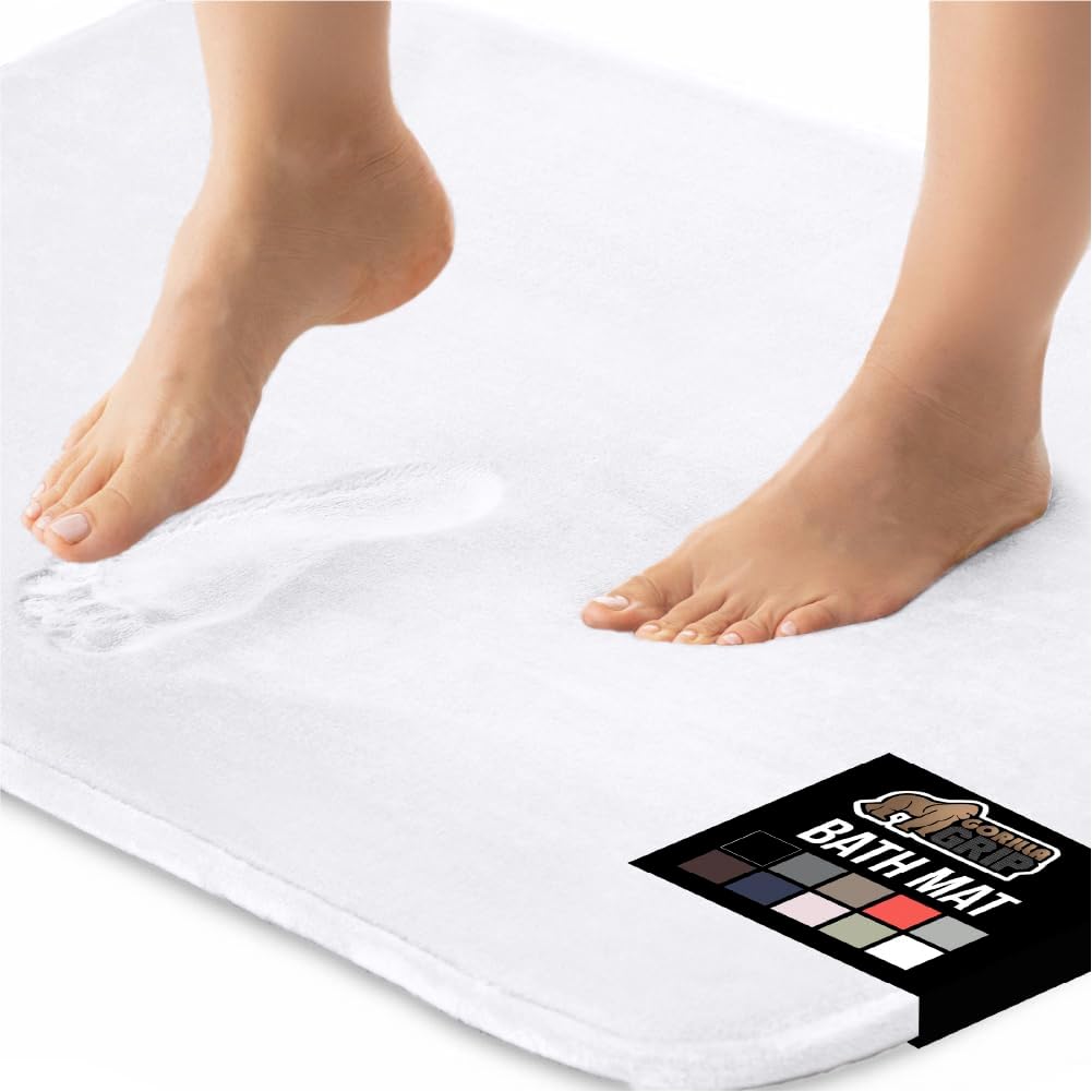 GORILLA GRIP Thick Memory Foam Bath Rugs, Soft Absorbent Velvet Bathroom Mats, Durable Dots on Underside, Machine Washable Bathmat, Carpet Rug Room Decor for Shower Floor, 48x24 Mat, White