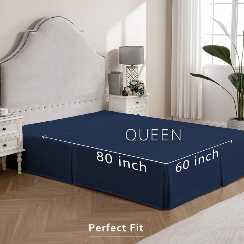 MIYE Pleated Waffle Weave Bed Skirt, Tailored Dust Ruffle 16 Inch Drop Easy Fit, Machine Washable (Navy Blue, Queen - 16" Drop)