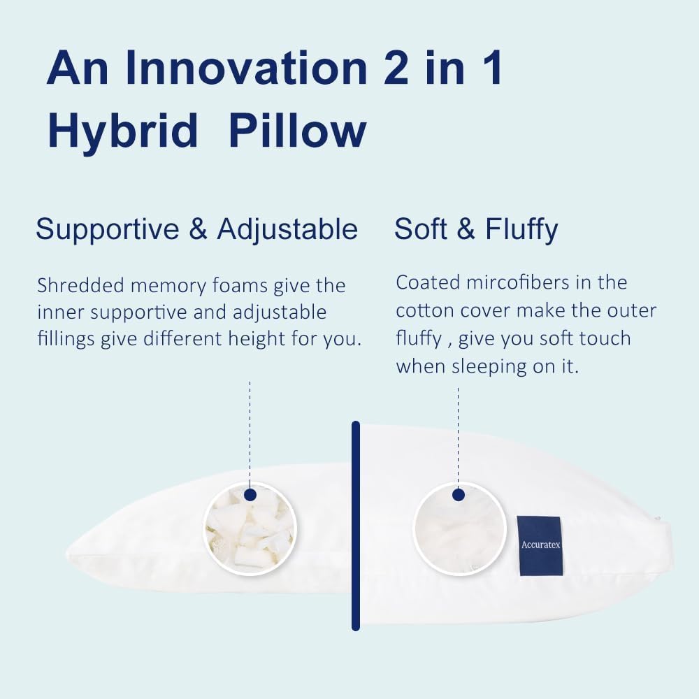 ACCURATEX Hybrid Pillow for Sleeping, Adjustable Shredded Memory Foam Pillow Core with Fluffy Down Alternative Fill Removable Cotton Cover,for Side,Back,Stomach Sleepers,King Size