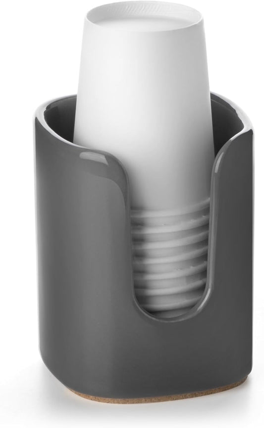 5 oz Square Ceramic Bathroom Cup Dispenser for Kids and Pregnancy - Disposable Paper Cup Holder for Mouthwash Cups on Bathroom Vanity Countertop (1 Pack, Grey)