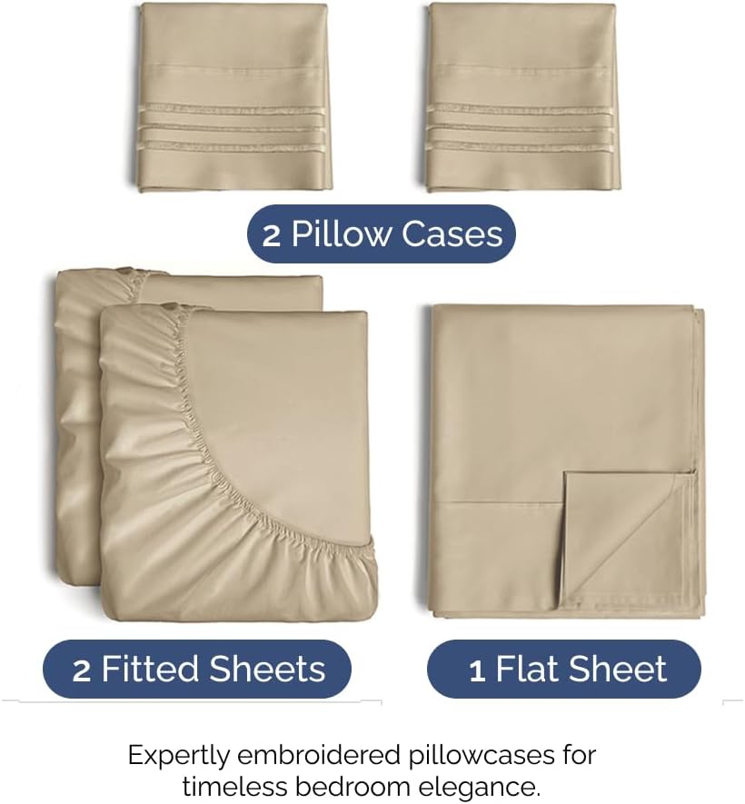 Split King Size 5 Piece Sheet Set - Comfy Breathable & Cooling Bed Sheets Set - Hotel Luxury Bedding for Women, Men, Kids, Teens, Boys & Girls - Deep Pockets, Soft and Wrinkle Free - Oeko-Tex - Beige