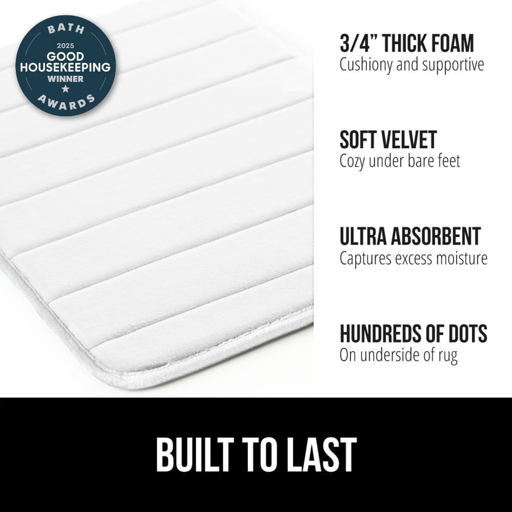 GORILLA GRIP Memory Foam Bath Mat, Soft Absorbent US Designed Bathroom Rug, Gripping Dots Machine Washable Bathmat, Cushioned Floor Mats, Shower Sink Rugs Room Décor Accessories, 24x17 White