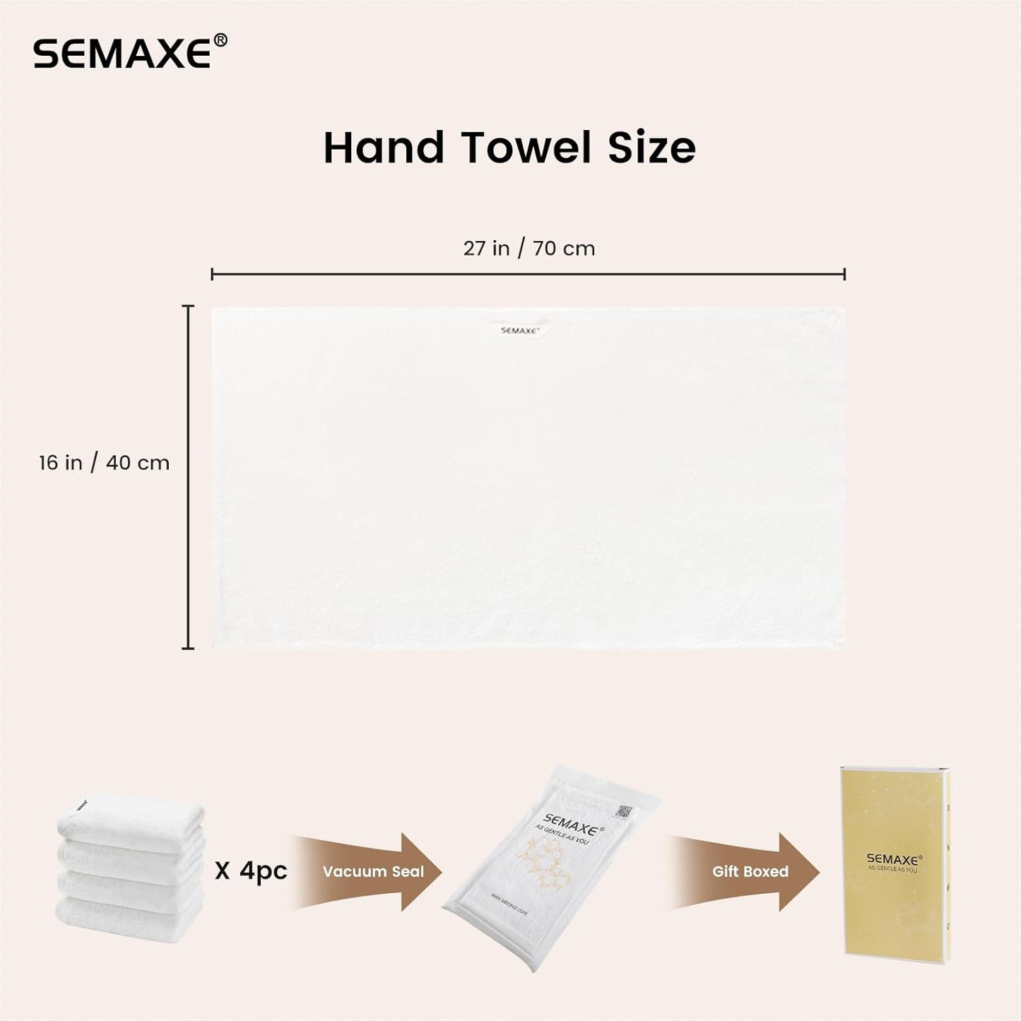 SEMAXE 100% Cotton Hand Towel for Bathroom, White Hand Towels with Hanging Loops, Hotel Spa Quality Absorbent Towels, 27" L x 16" W, 4 Pack Hand Towels, Gift Box Packaging