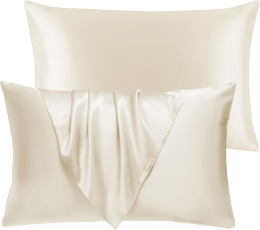 BHZ Satin Goose Down Feather Pillows Standard Size Set of 2 with Beige Satin Pillowcase for Hair and Skin, Cooling Pillow Cases Similar to Silk Pillow Cases, Decor for Women, Mom Men