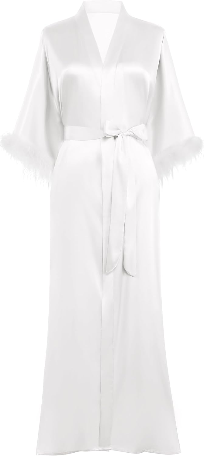 PRODESIGN Satin Kimono Robe Long Silky Bathrobe with Ostrich Feather Trim Sleepwear Wedding Bridesmaid Dressing Gown