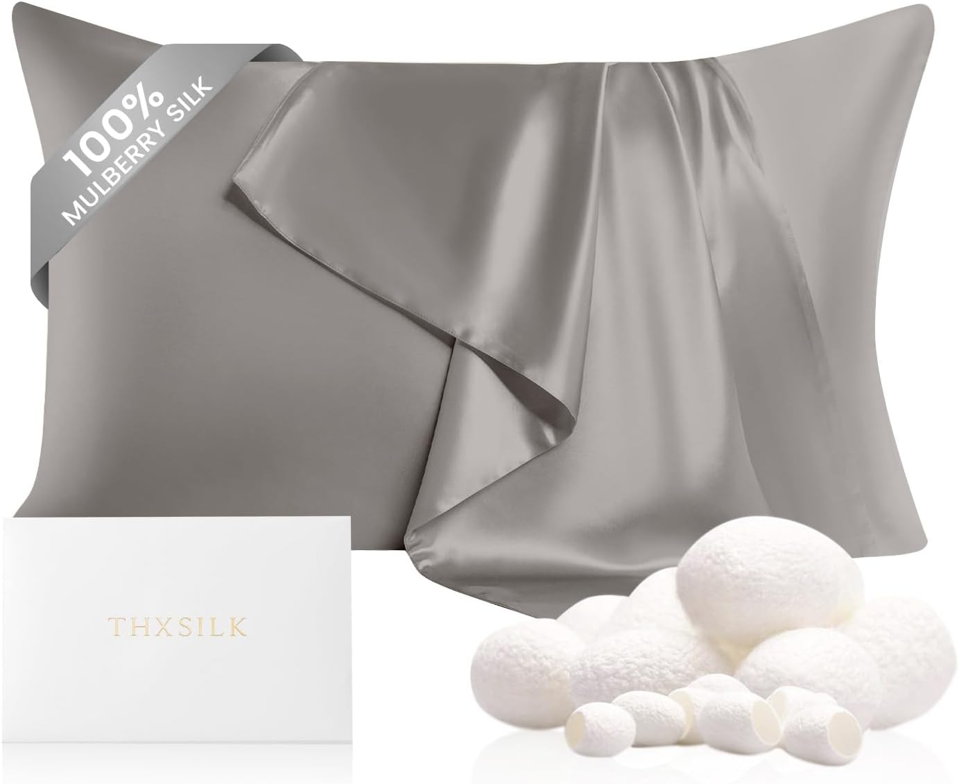 THXSILK 100% Natural Mulberry Silk Pillowcase for Hair and Skin, 22 Momme Pillowcase with Hidden Zipper, Soft Breathable Smooth Both Sided Silk Pillow Cover(Standard 20"x26", Grey)