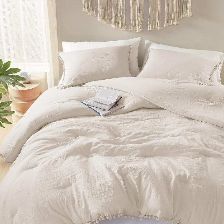 Codi Beige King Comforter Set - Boho Chic Bedding with Elegant Pom Fringe, Soft Washed Microfiber 3pc Luxury Set, Lightweight & Breathable for Master Bedroom, 1 Comforter & 2 Pillow Shams