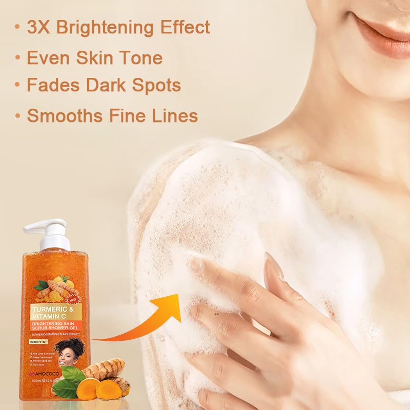 Turmeric Orange Vitamin C Body Wash with Cocoa Seed Exfoliant, Mattifying Scrub for Uneven Skin Texture, Body-Only Daily Use, 16.9 fl oz