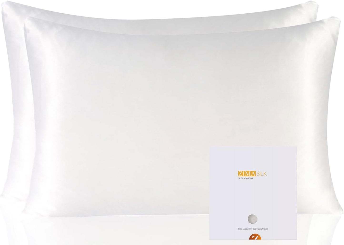 ZIMASILK 100% Pure Mulberry Silk Pillowcase 2 Pack, Soft and Smooth,Both Sides Premium Grade 6A Silk,600 Thread Count,with Hidden Zipper for Men and Women Family (Standard 20"x26", White)