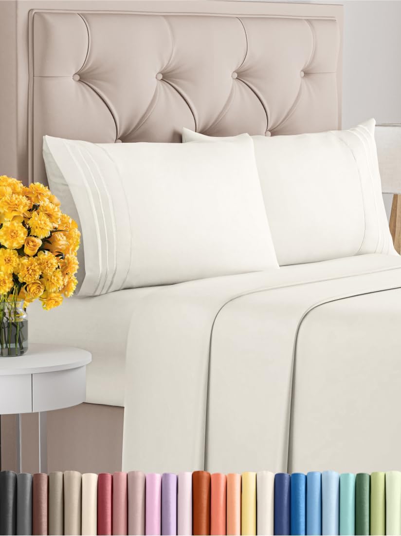 Cal King Size 4 Piece Sheet Set - Extra Soft, Breathable & Cooling Sheets - Hotel Luxury Durable Bed Sheets for Women & Men - Deep Pockets, Easy-Fit & Wrinkle-Free Sheets - Ivory Oeko-Tex Bed Sheets