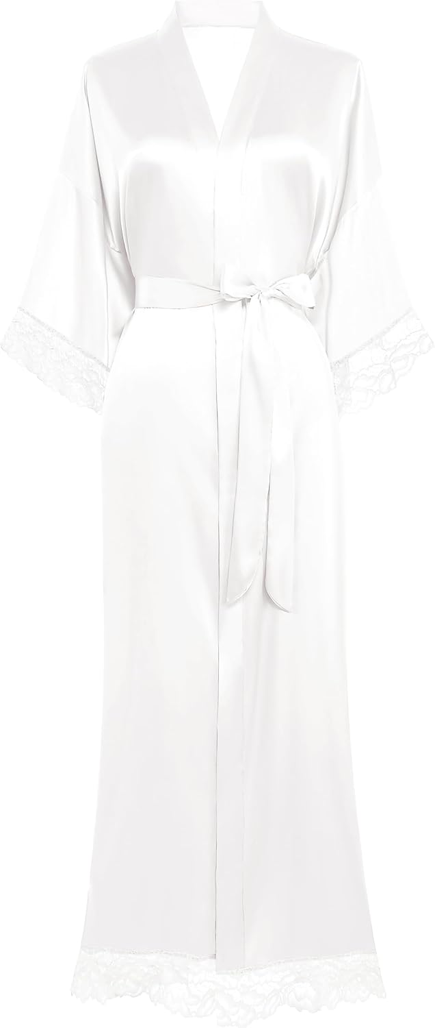 BABEYOND Satin Kimono Robe Silky Long Bridesmaid Wedding Lightweight Bath Robe with Lace Trim