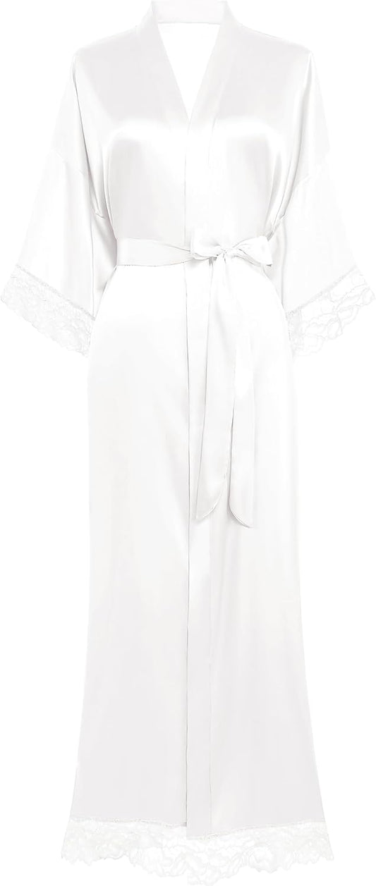 BABEYOND Satin Kimono Robe Silky Long Bridesmaid Wedding Lightweight Bath Robe with Lace Trim