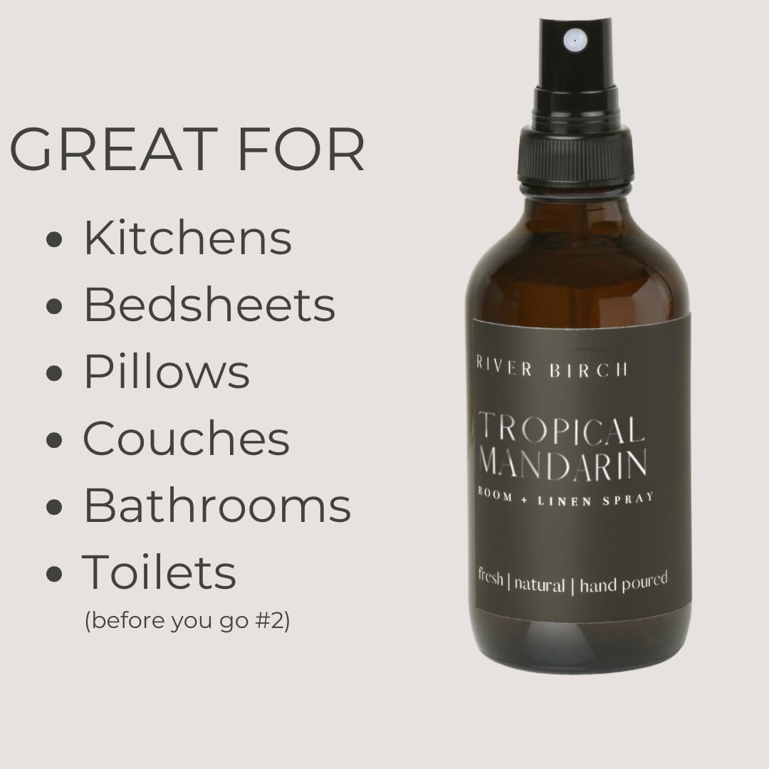 River Birch Tropical Mandarin Scented Linen and Room Spray | Home Fragrance | 4 oz Glass Amber Bottle | Luxury Signature Scent | Handmade in Texas